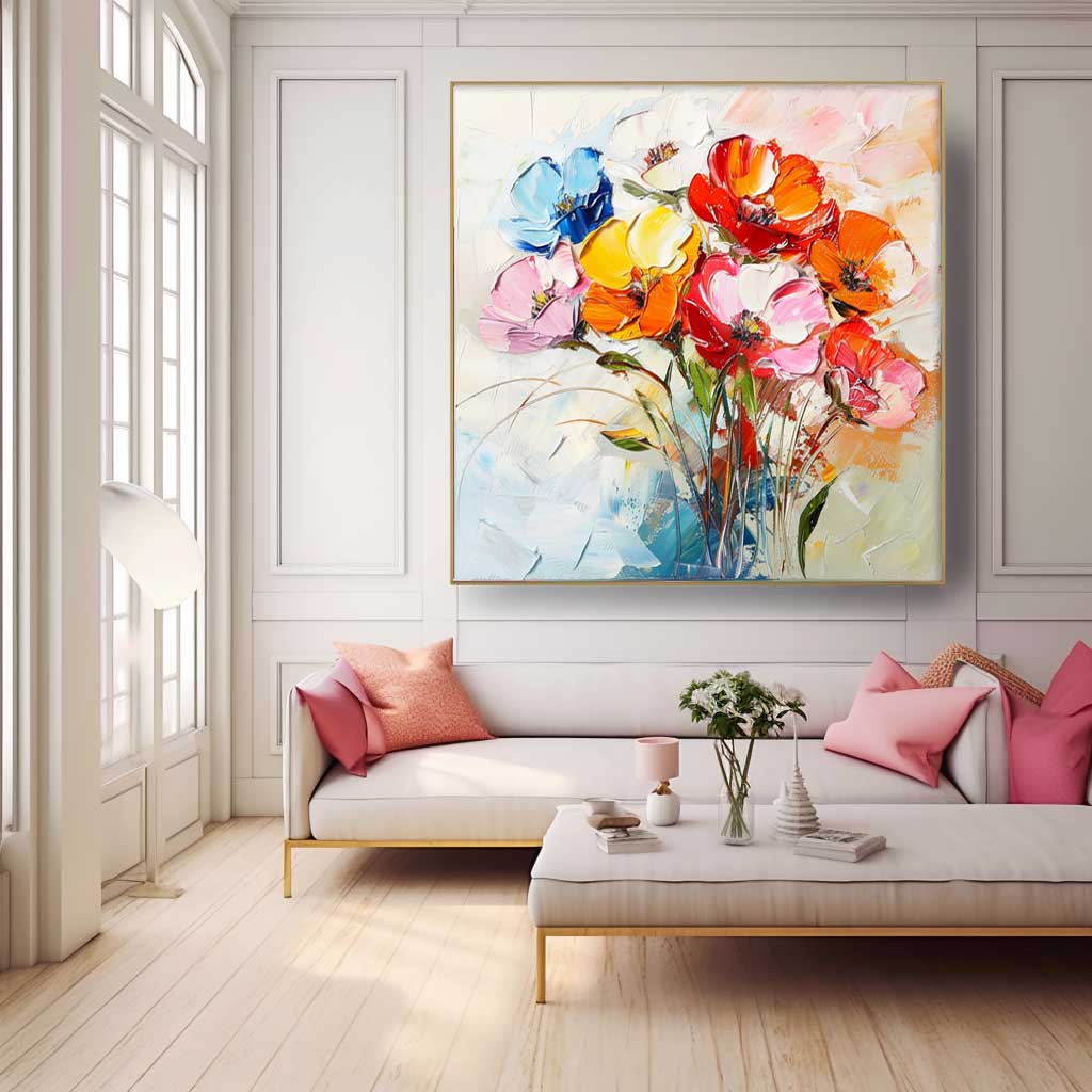 Vibrant Colorful Flower Bouquet Oil Painting for Home Decor and Art Lovers