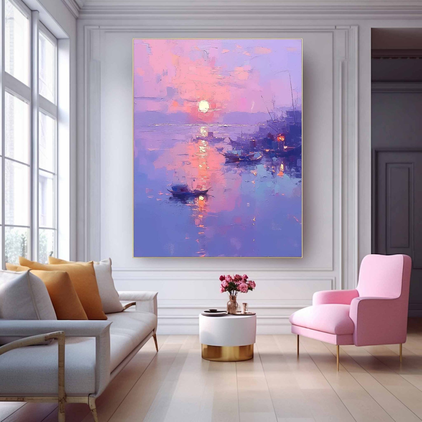 Serene Sunset Over Water: Vibrant Oil Painting of Boats and Reflections
