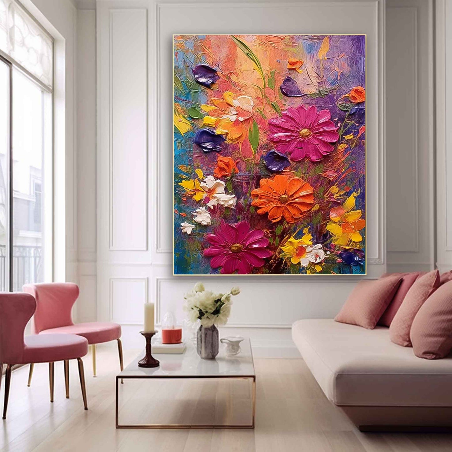 Vibrant Floral Oil Painting on Canvas - Colorful Nature Wall Art Decor