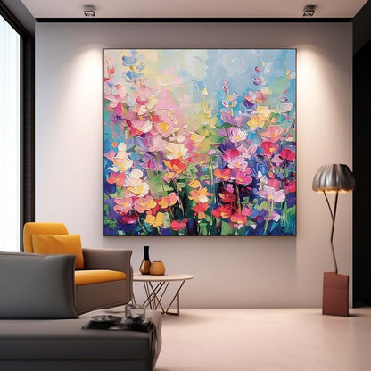 Vibrant Floral Oil Painting with Colorful Blooms and Lush Garden Background