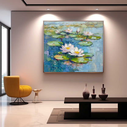 Vibrant Lotus Flowers on Tranquil Water – Handmade Oil Painting for Home Decor