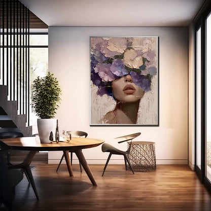 Floral Portrait Oil Painting - Elegant Woman with Flower Crown Canvas Art