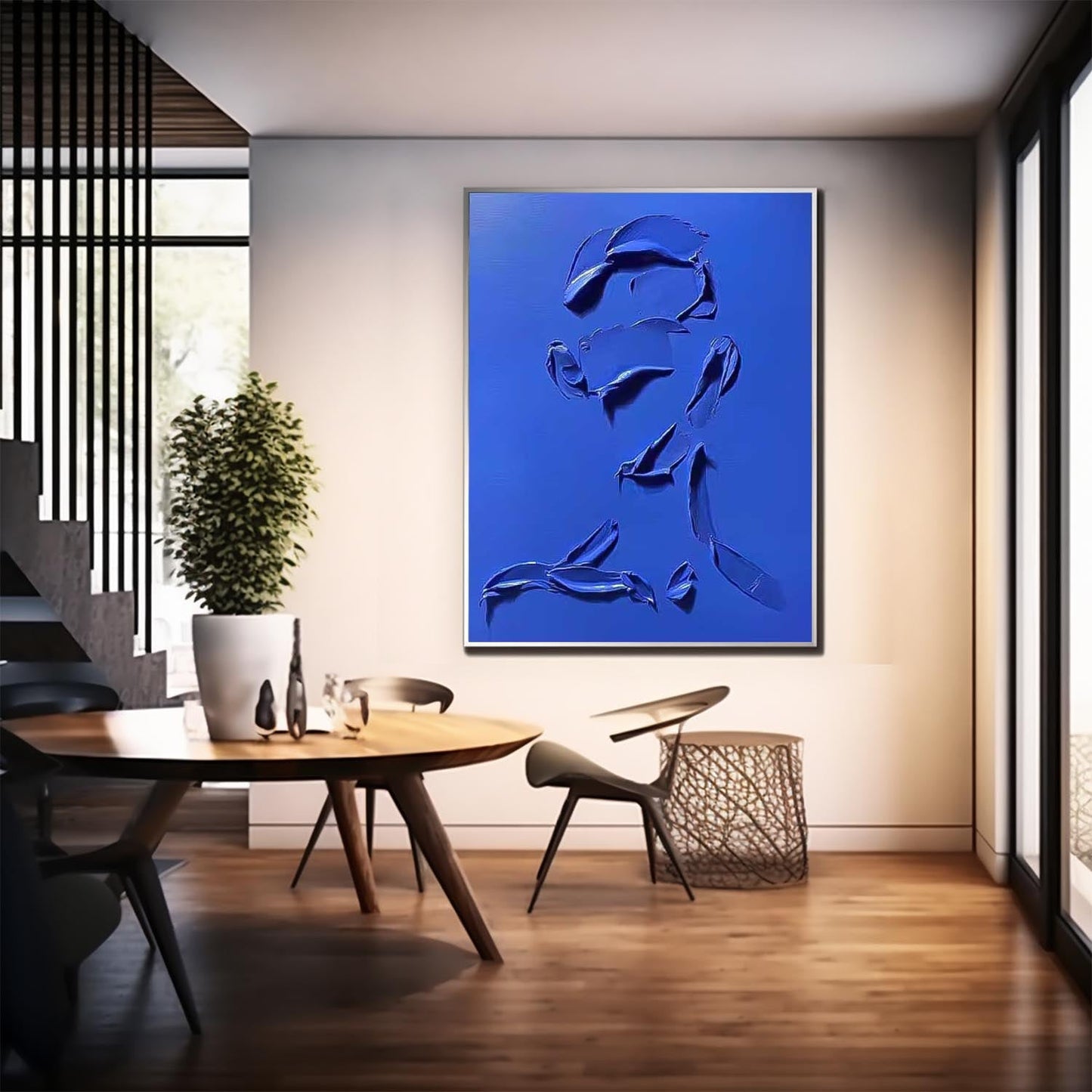 Bold Blue Minimalist Oil Painting for Modern Home Decor