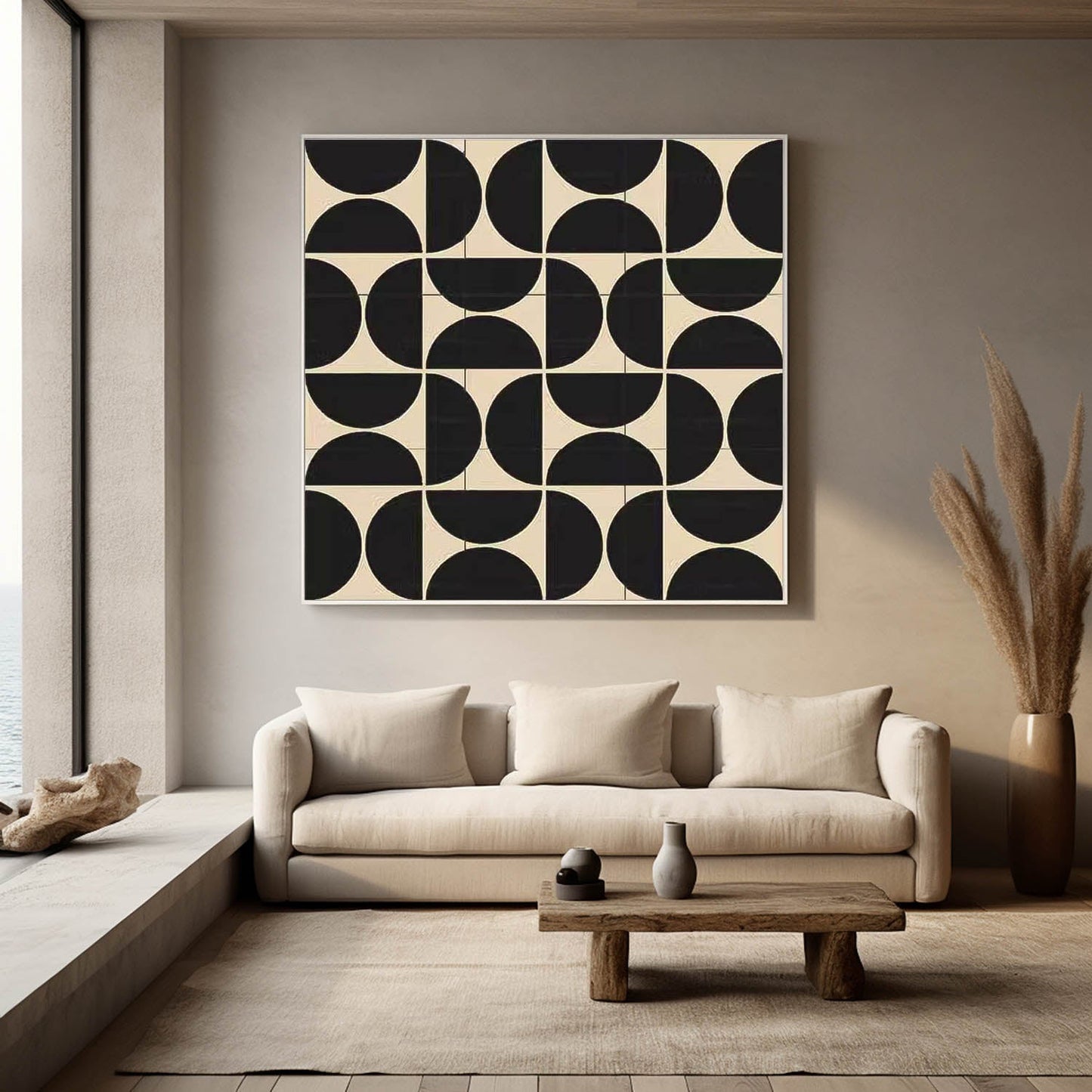 Modern Geometric Black and White Oil Painting for Stylish Home Decor