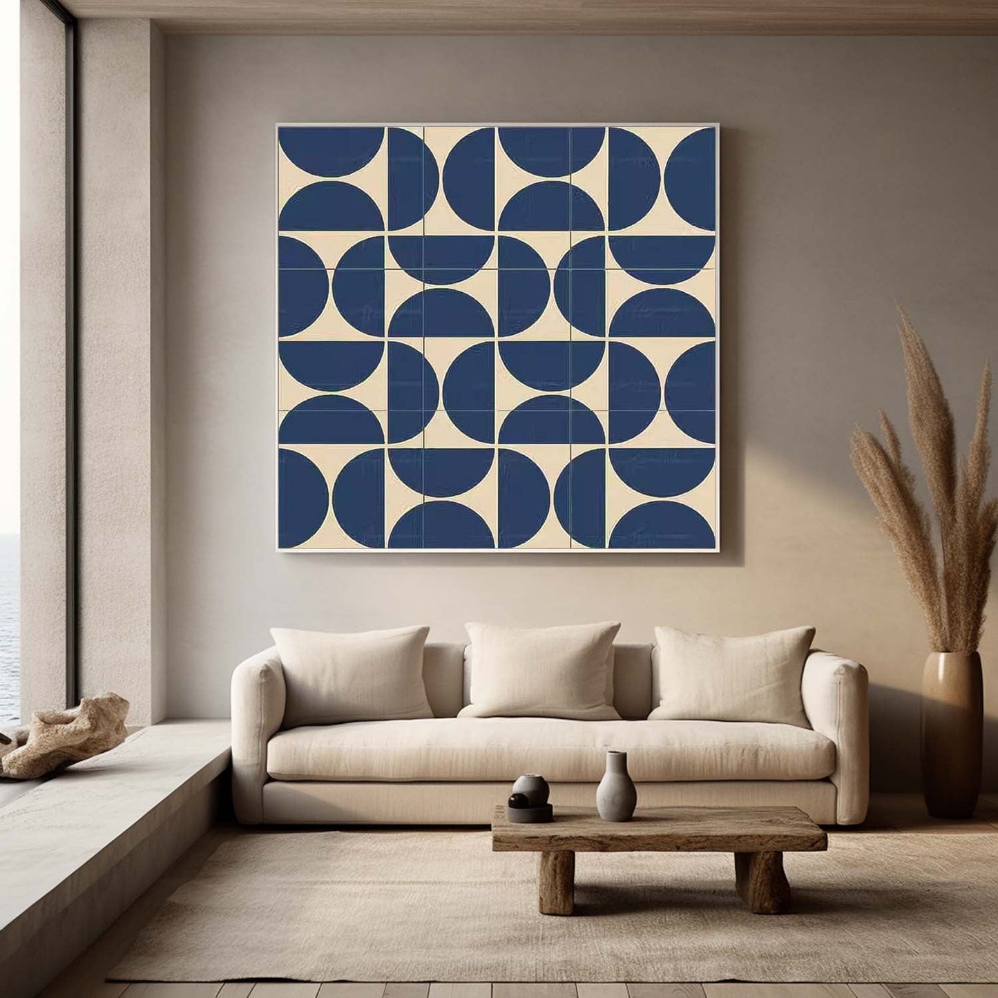 Navy and Beige Geometric Canvas Art for Modern Minimalist Interiors