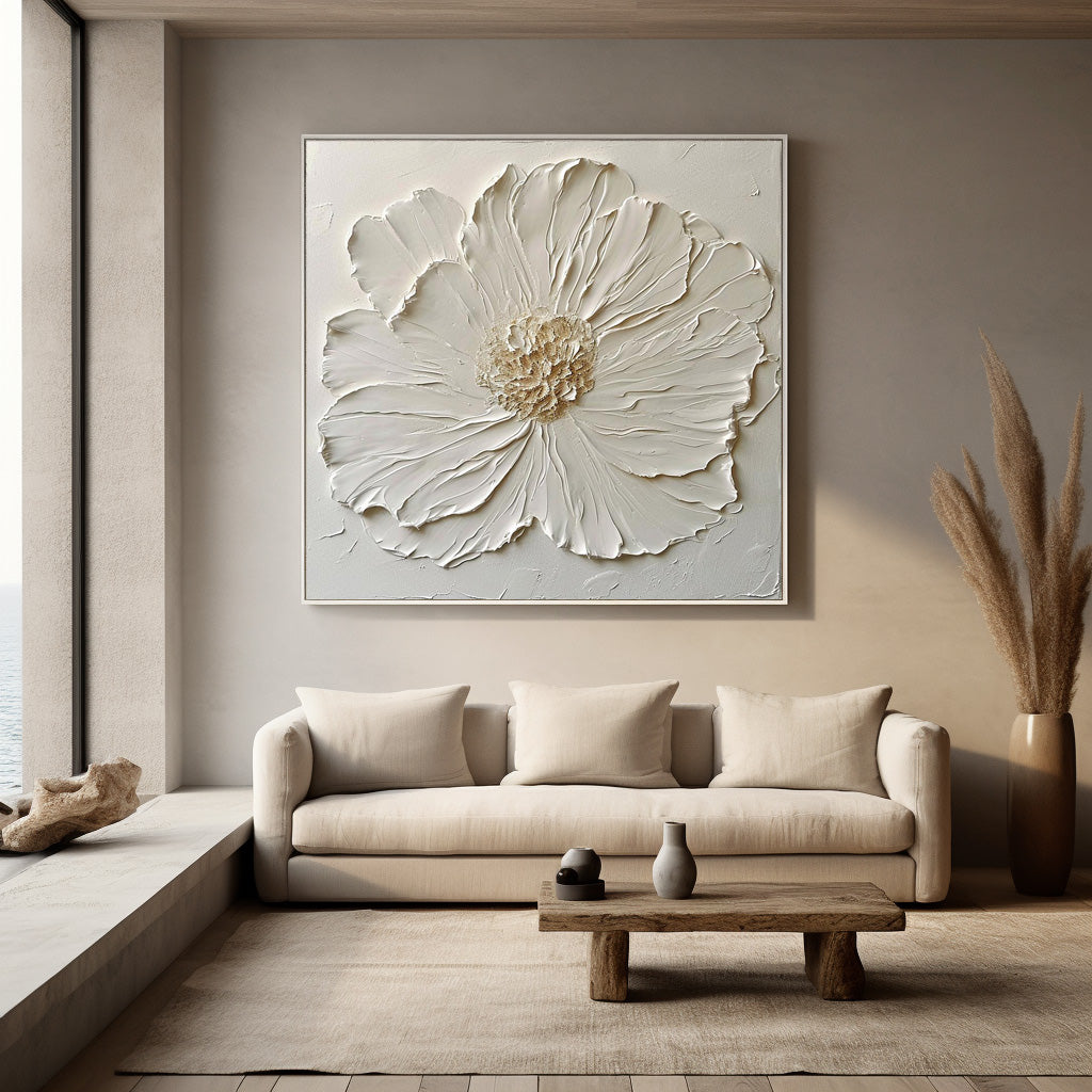 Elegant White Flower Oil Painting for Modern Home Decor and Wall Art