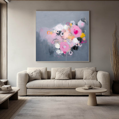 Whimsical Abstract Oil Painting with Pink and Gray Swirls for Modern Decor