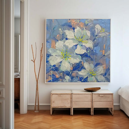 Elegant White Flower Oil Painting with Blue Background for Home Décor