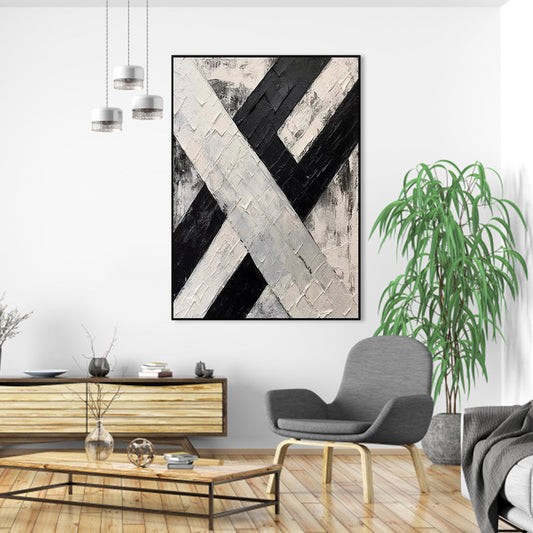 Abstract Black and White Oil Painting of Intersecting Paths for Modern Decor