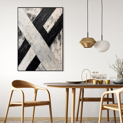 Abstract Black and White Oil Painting of Intersecting Paths for Modern Decor