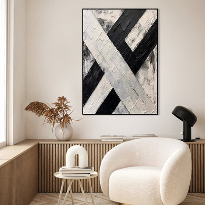 Abstract Black and White Oil Painting of Intersecting Paths for Modern Decor