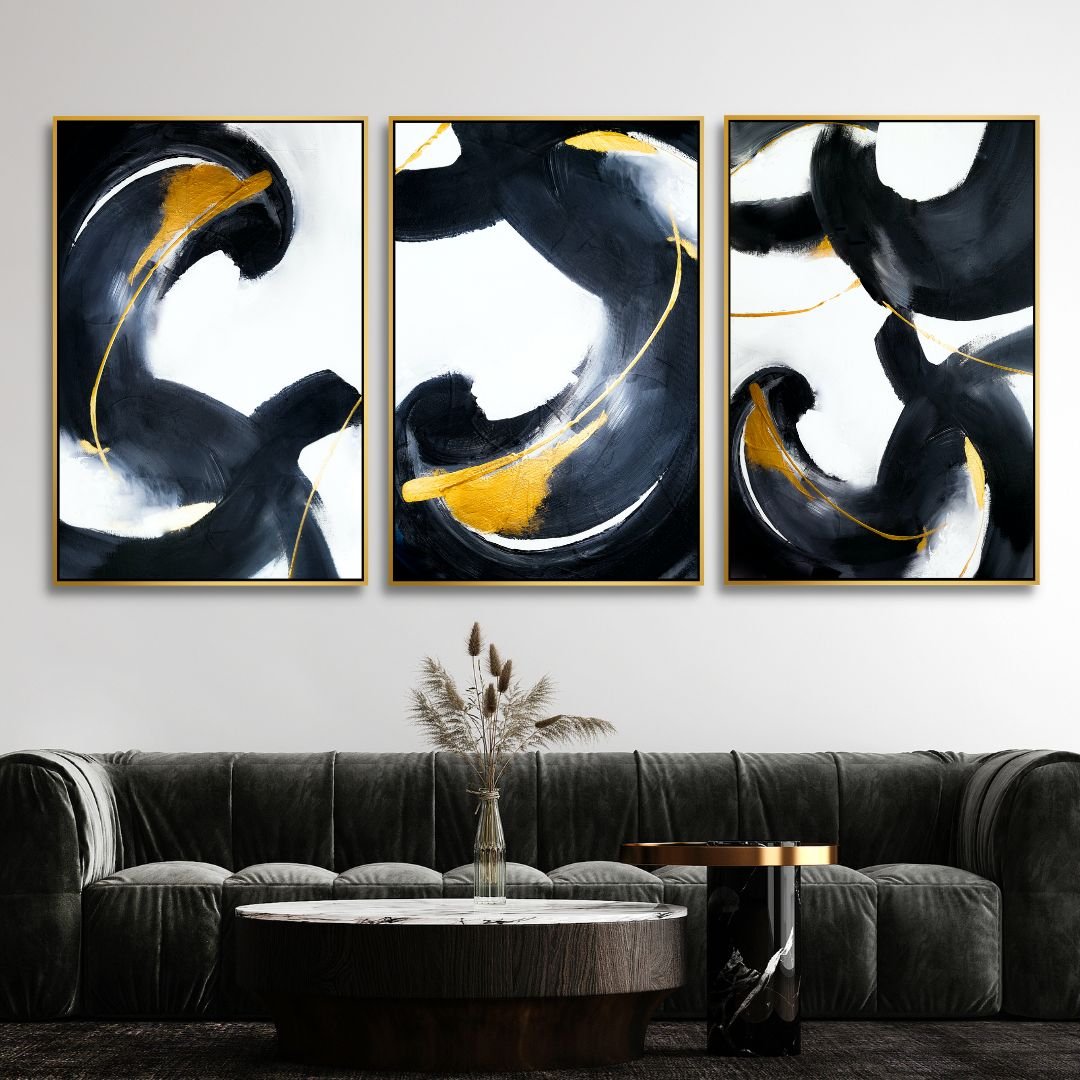 Abstract Black and Gold Oil Painting Set for Modern Home Decor