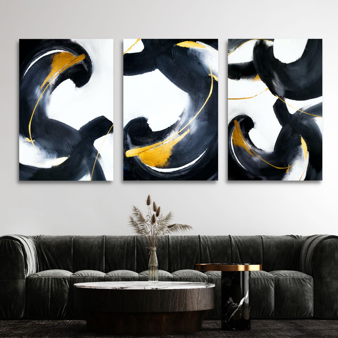 Abstract Black and Gold Oil Painting Set for Modern Home Decor