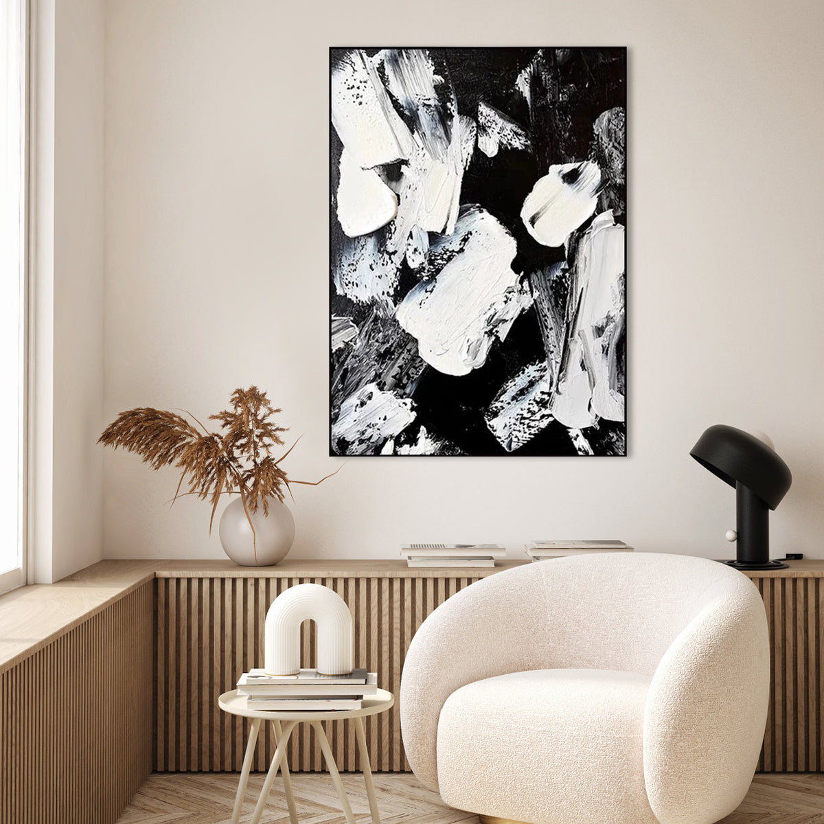 Bold Black and White Abstract Oil Painting for Modern Home Decor