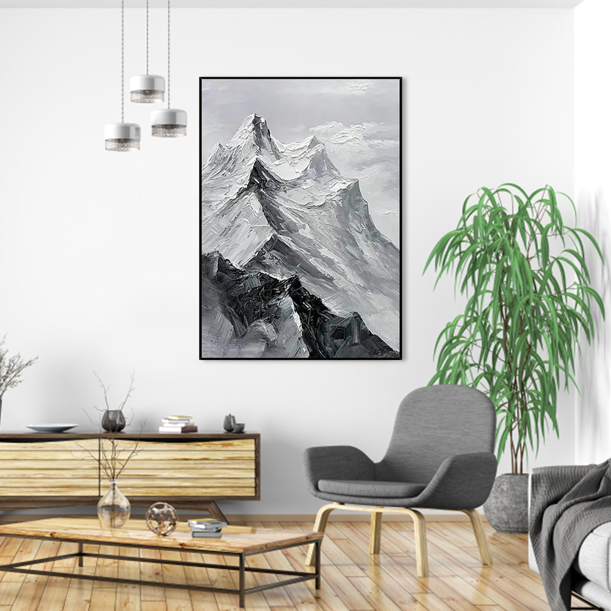 Stunning Black and White Mountain Landscape Oil Painting for Modern Home Décor