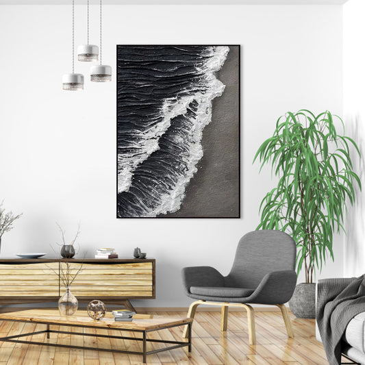 Monochrome Ocean Waves: Elegant Black and White Oil Painting for Modern Decor