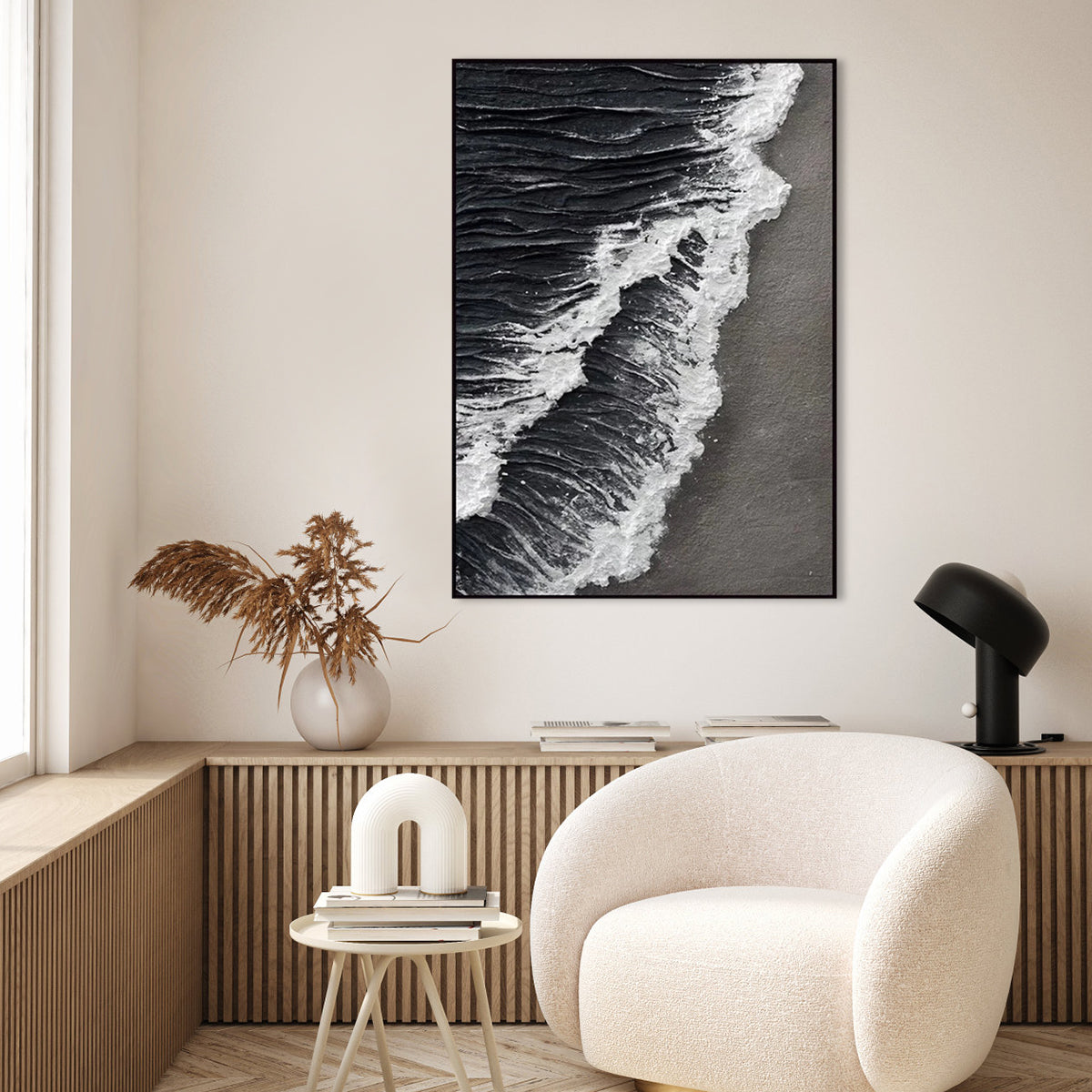 Monochrome Ocean Waves: Elegant Black and White Oil Painting for Modern Decor