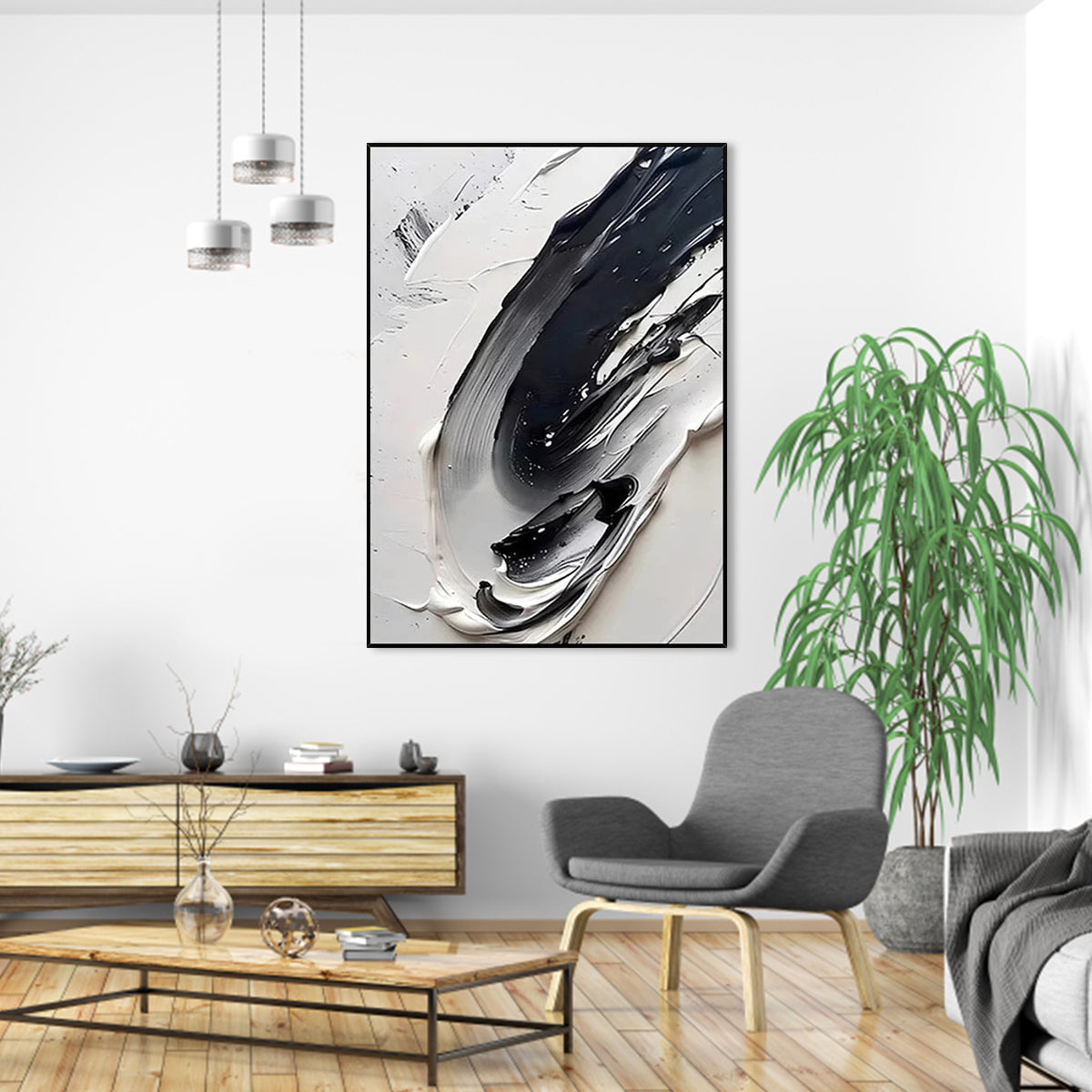 Abstract Monochrome Oil Painting: Elegant Black and White Swirls for Modern Decor