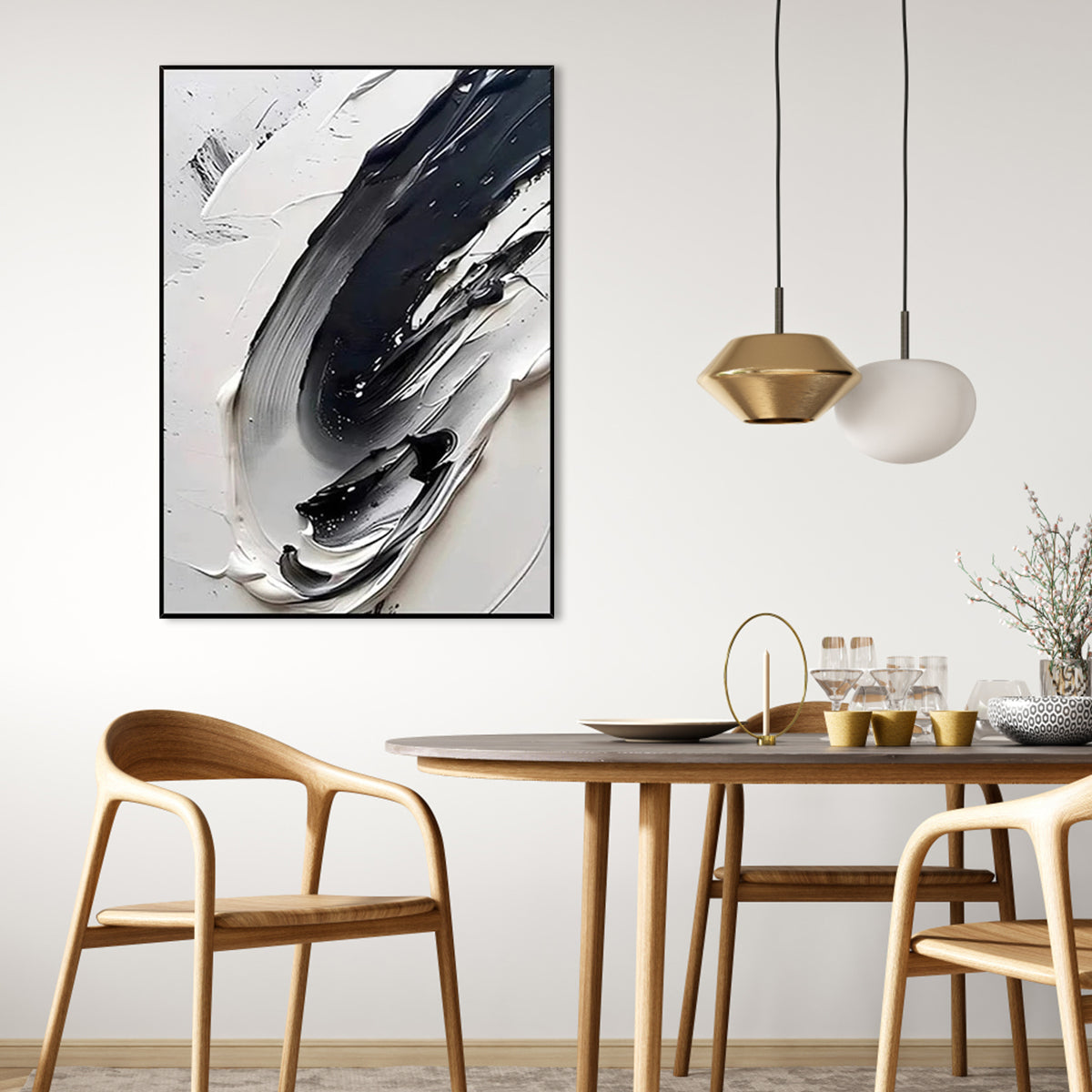 Abstract Monochrome Oil Painting: Elegant Black and White Swirls for Modern Decor