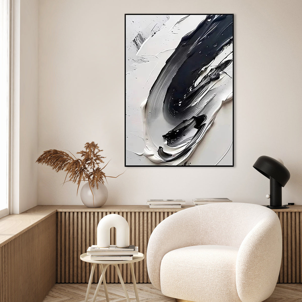 Abstract Monochrome Oil Painting: Elegant Black and White Swirls for Modern Decor