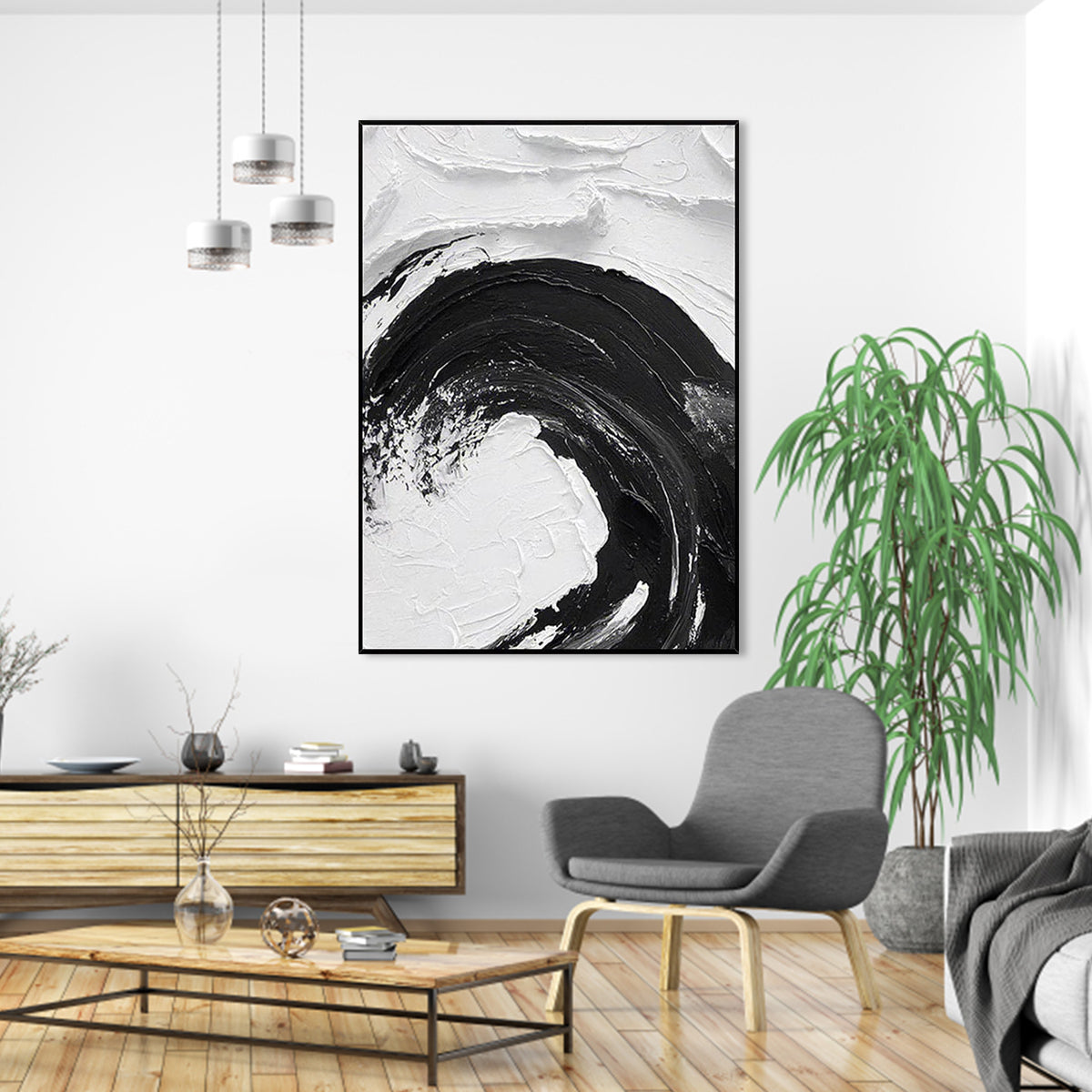 Elegant Black and White Abstract Oil Painting with Dynamic Swirl Design