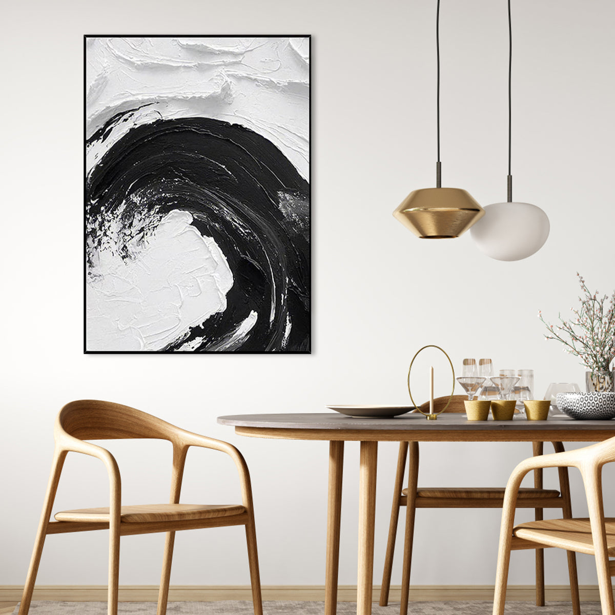 Elegant Black and White Abstract Oil Painting with Dynamic Swirl Design