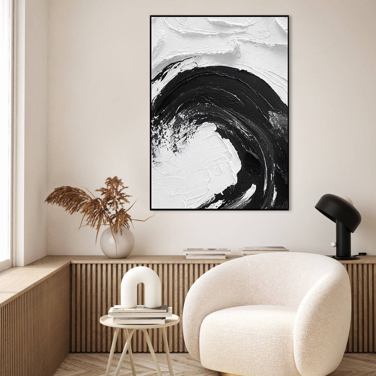 Elegant Black and White Abstract Oil Painting with Dynamic Swirl Design