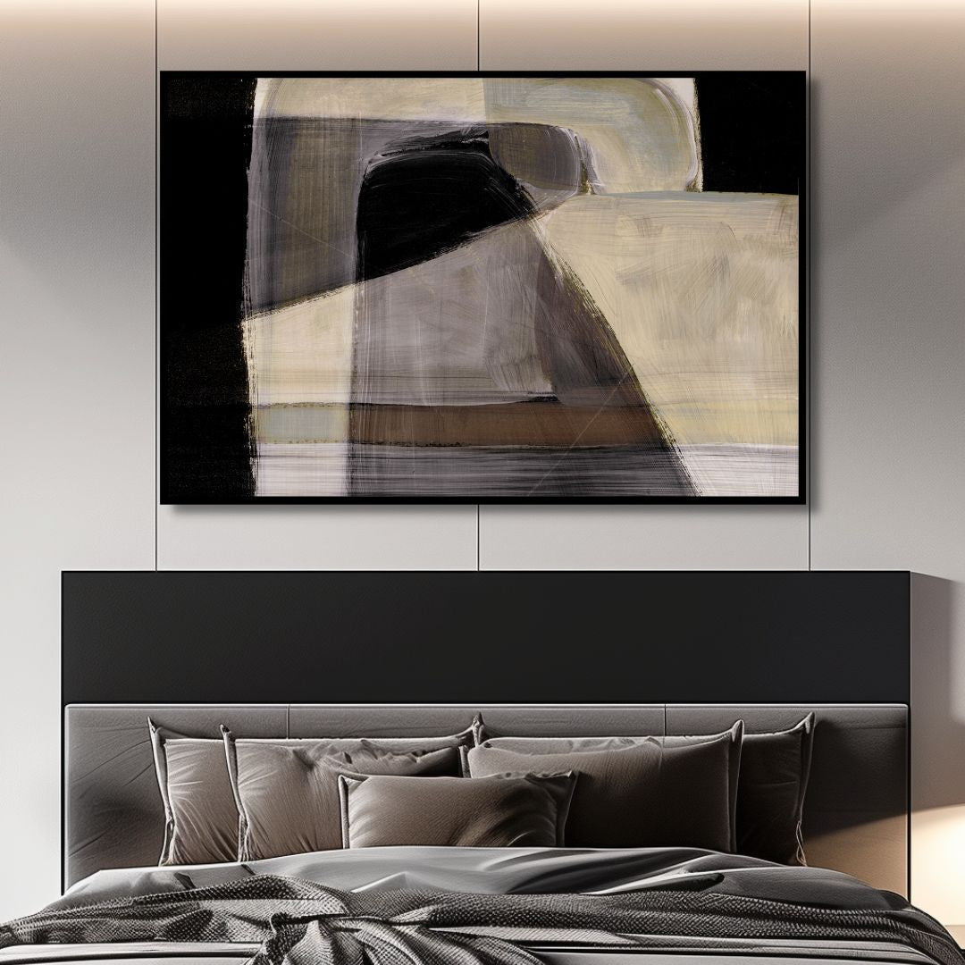 Abstract Geometric Oil Painting in Black, Brown, and Gray for Modern Decor