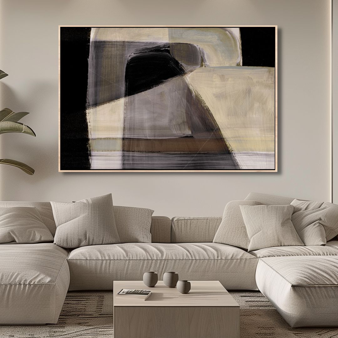 Abstract Geometric Oil Painting in Black, Brown, and Gray for Modern Decor