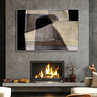 Abstract Geometric Oil Painting in Black, Brown, and Gray for Modern Decor