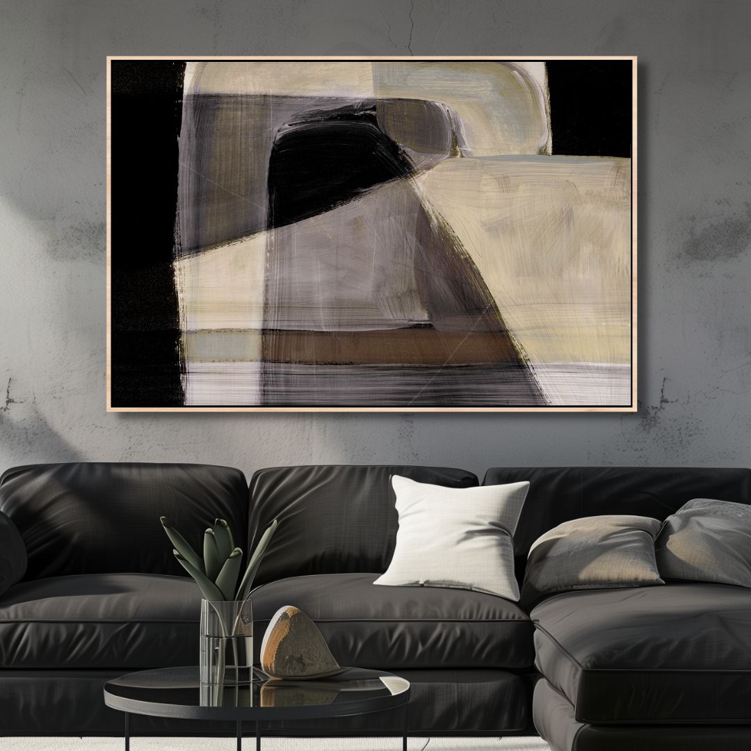 Abstract Geometric Oil Painting in Black, Brown, and Gray for Modern Decor