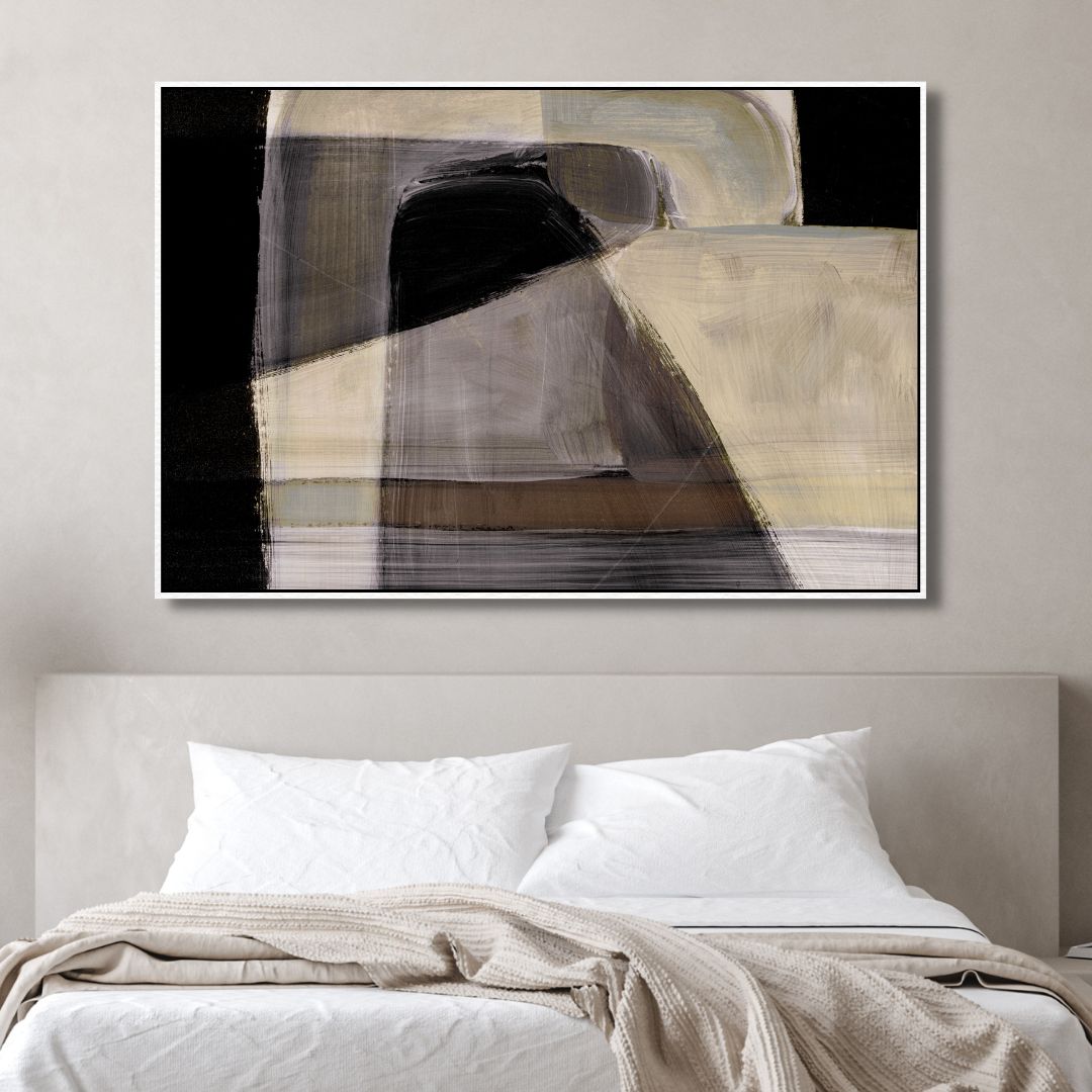 Abstract Geometric Oil Painting in Black, Brown, and Gray for Modern Decor