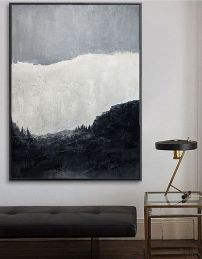 Monochrome Abstract Landscape Oil Painting for Modern Home Decor