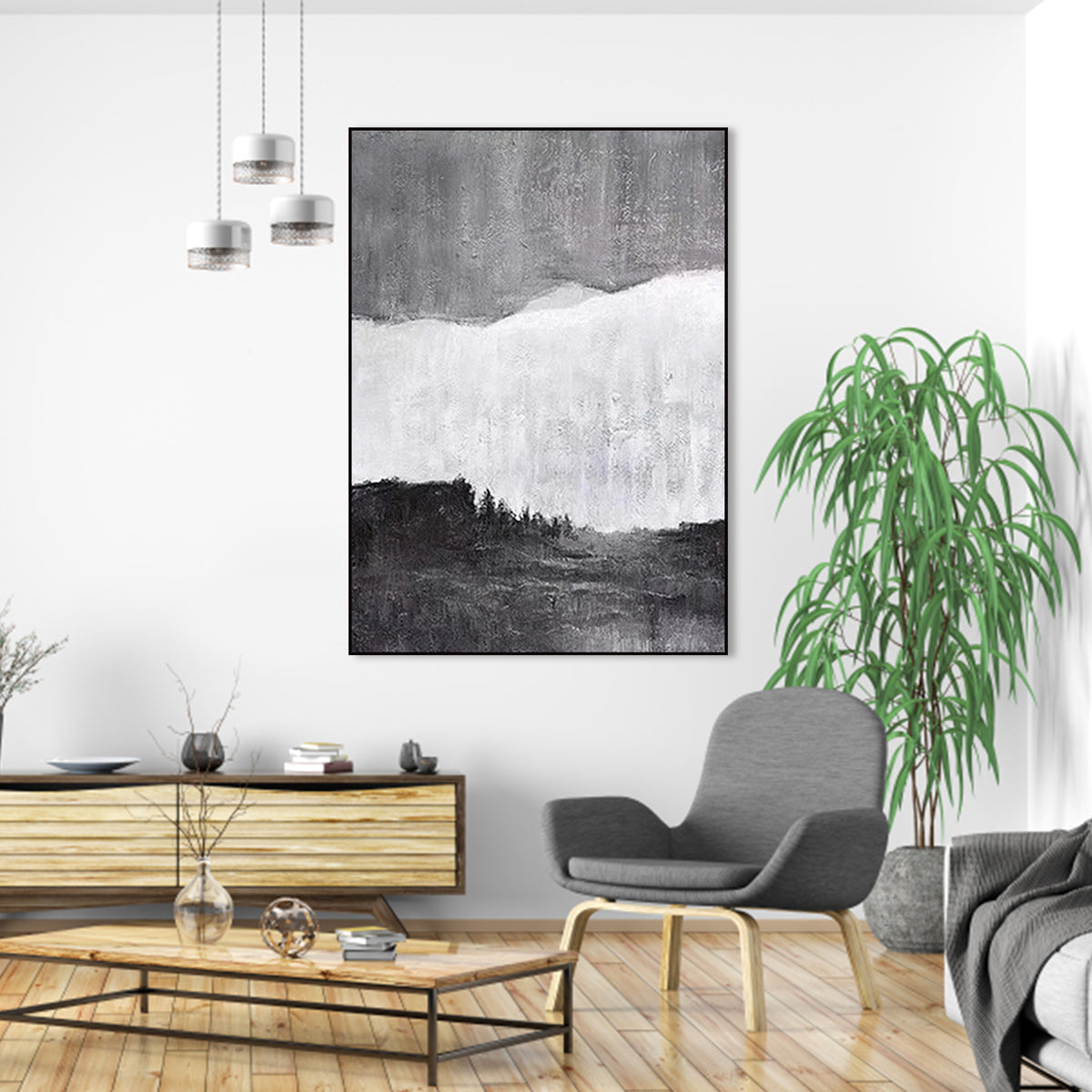 Serene Black, White, and Gray Landscape Oil Painting for Modern Home Decor