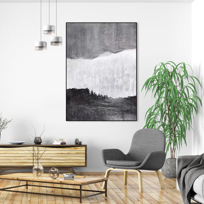 Serene Black, White, and Gray Landscape Oil Painting for Modern Home Decor