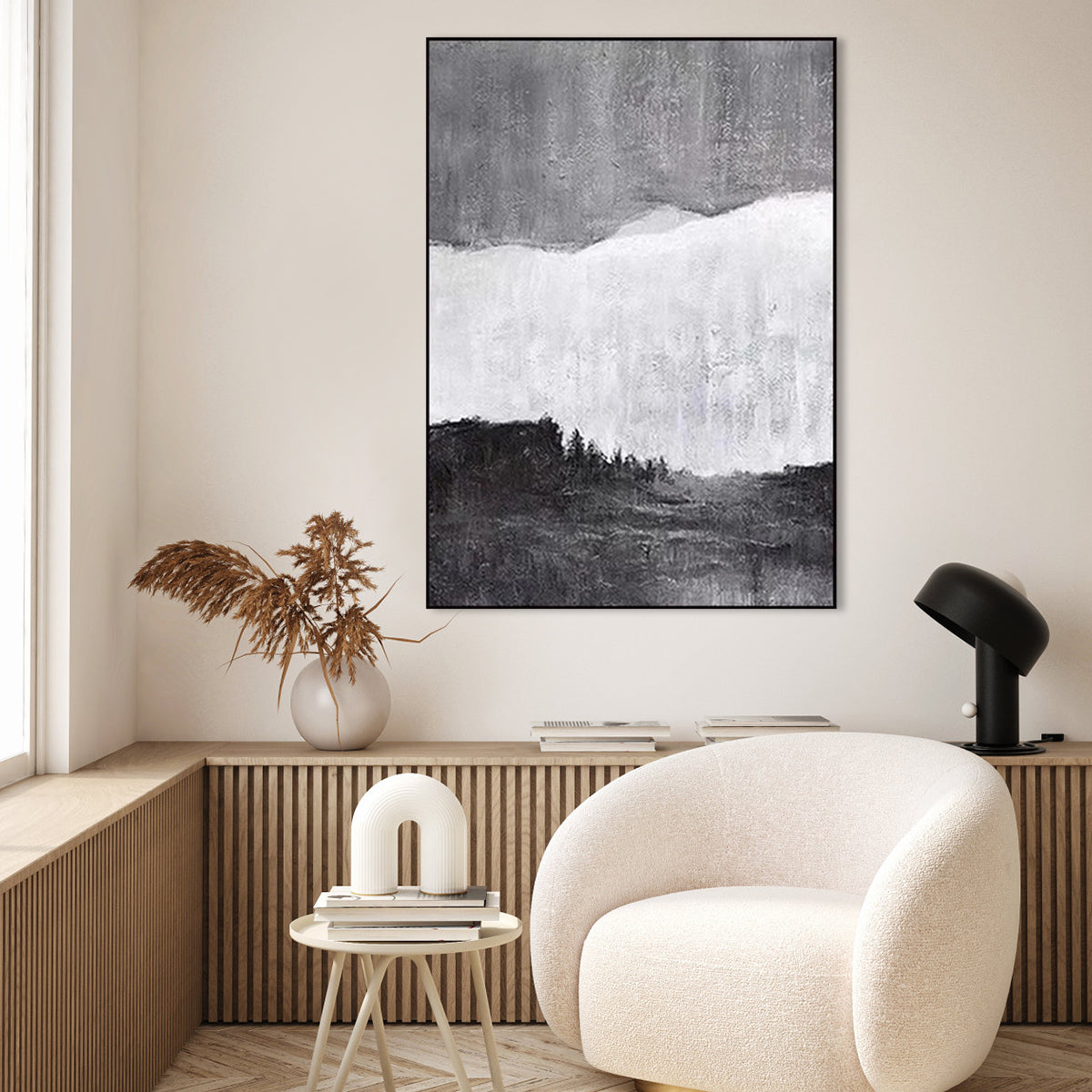 Serene Black, White, and Gray Landscape Oil Painting for Modern Home Decor