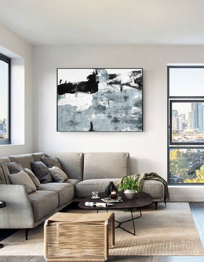 Monochrome Cyan and Black Abstract Oil Painting for Modern Home Decor