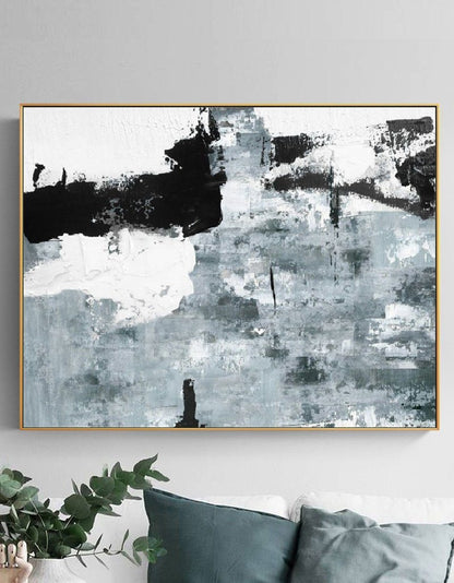 Monochrome Cyan and Black Abstract Oil Painting for Modern Home Decor