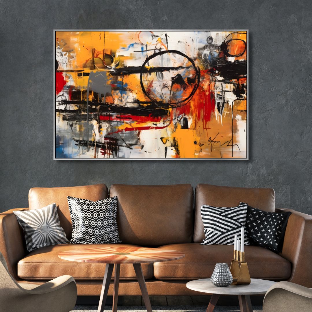 Vibrant Abstract Oil Painting with Bold Brushstrokes in Black, Yellow, Red, and White