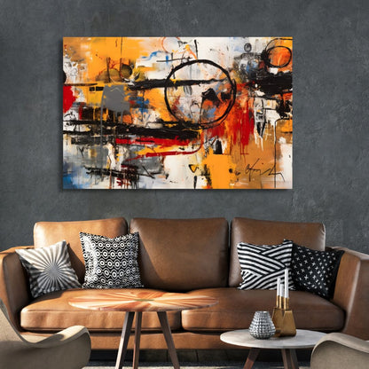 Vibrant Abstract Oil Painting with Bold Brushstrokes in Black, Yellow, Red, and White