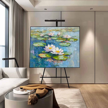 Vibrant Lotus Flowers on Tranquil Water – Handmade Oil Painting for Home Decor