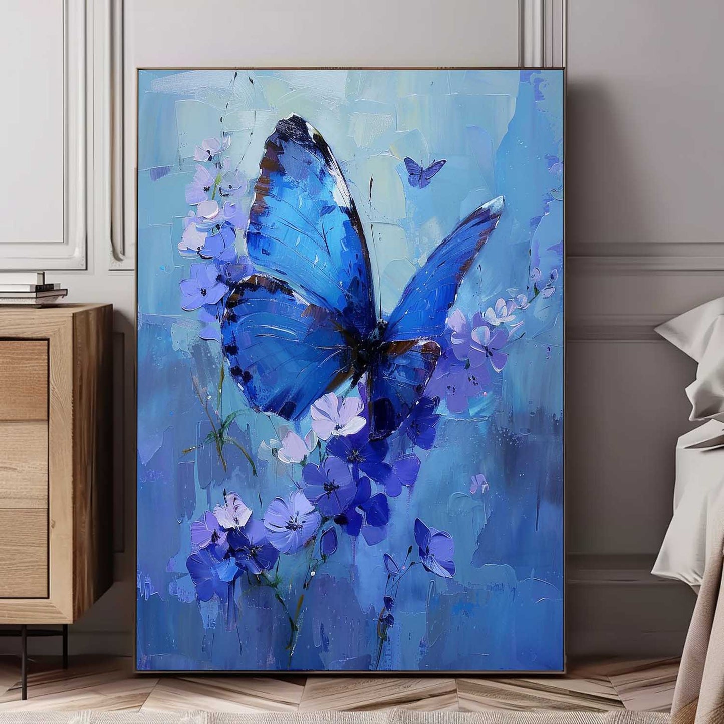 Stunning Blue Butterfly Oil Painting with Floral Accents for Elegant Home Decor