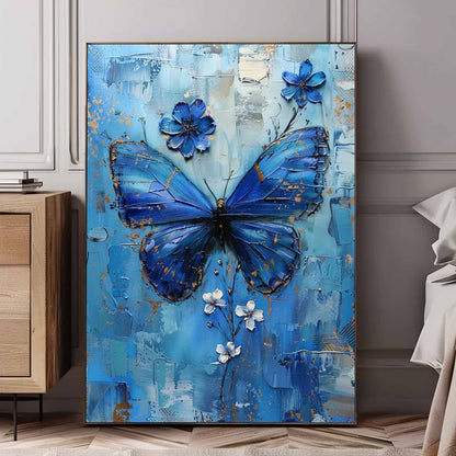 Beautiful Blue Butterfly Oil Painting with Floral Accents for Elegant Home Decor