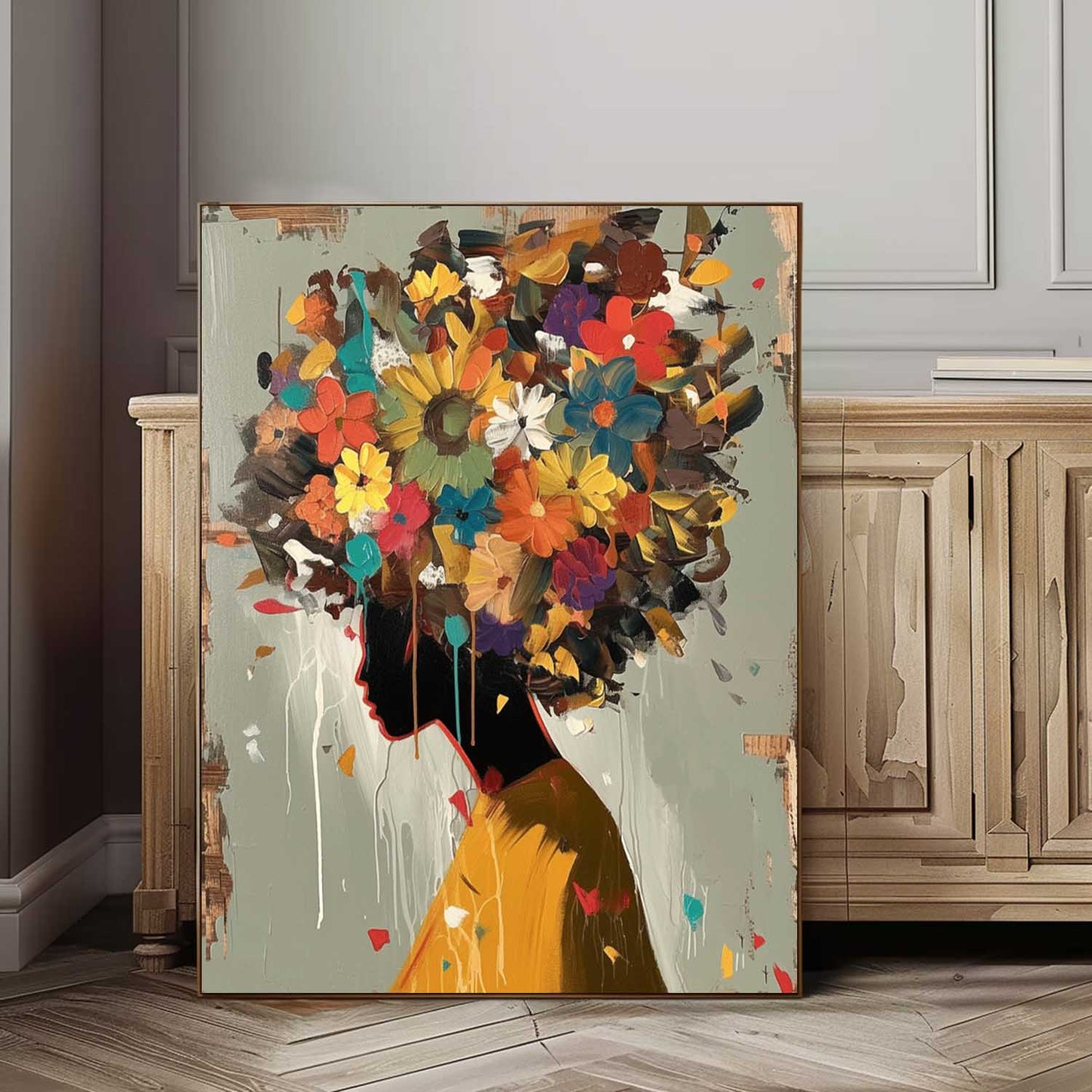 Vibrant Floral Woman Silhouette Oil Painting for Home Decor