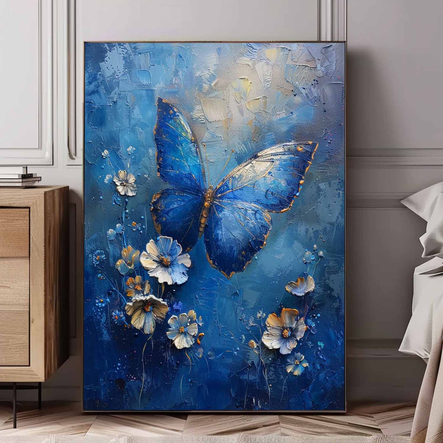 Stunning Blue Butterfly Oil Painting with Floral Accents for Vibrant Home Decor