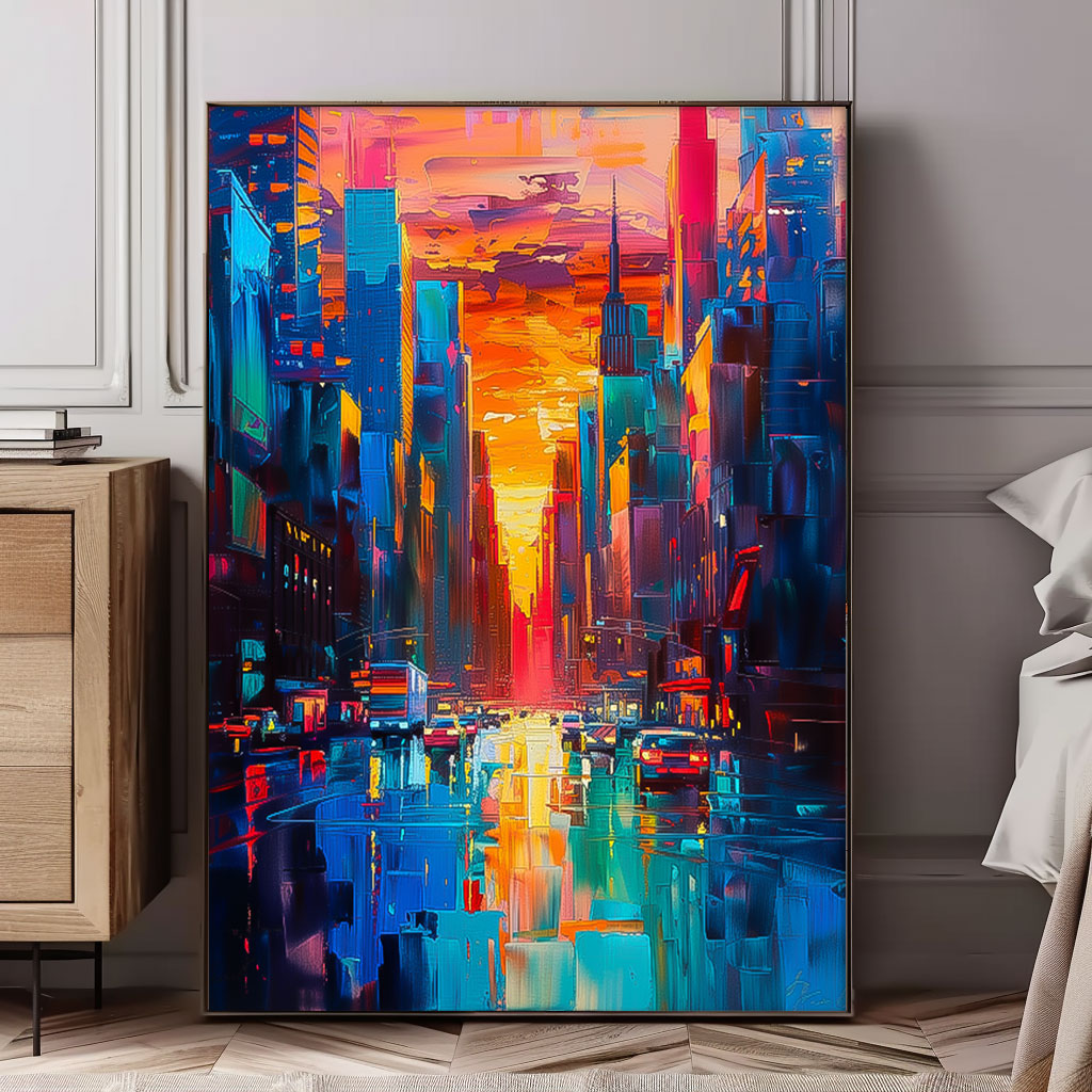 Vibrant Sunset Cityscape Oil Painting - Modern Urban Architecture Artwork