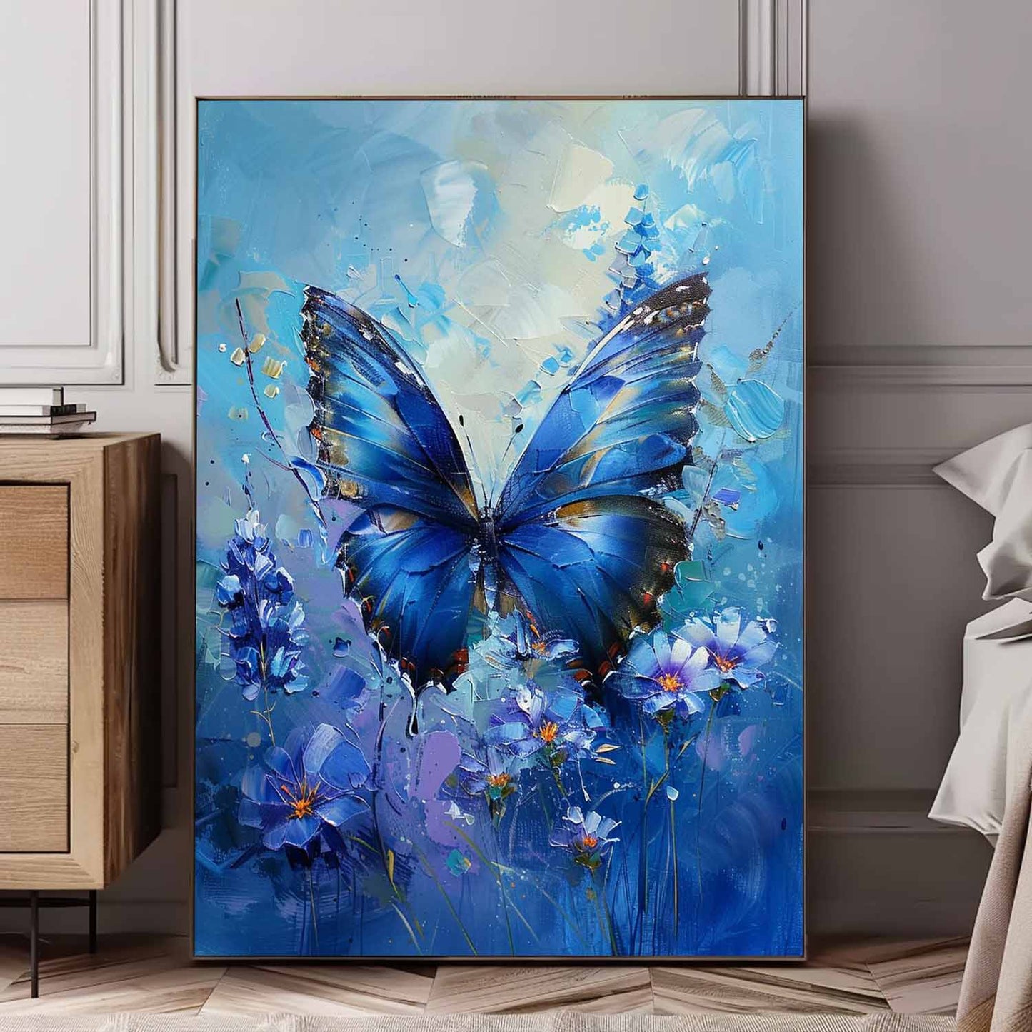 Vibrant Blue Butterfly Oil Painting on Canvas with Floral Accents