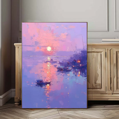 Serene Sunset Over Water: Vibrant Oil Painting of Boats and Reflections
