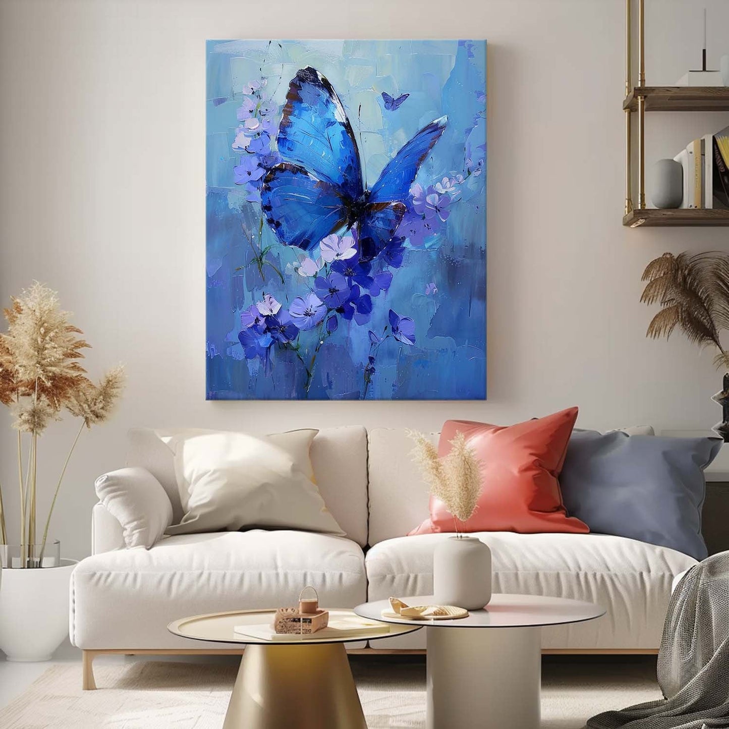 Stunning Blue Butterfly Oil Painting with Floral Accents for Elegant Home Decor