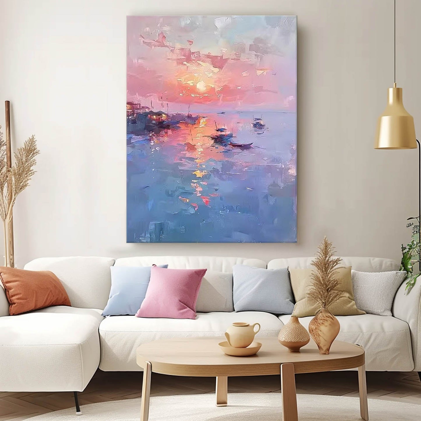Serene Sunset Seascape Oil Painting with Boats and Reflective Water